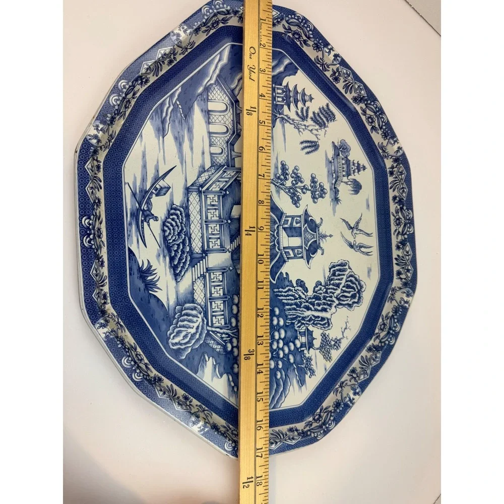Vintage Daher Long Island NY Blue White Willow Tin Serving Tray Made in England
